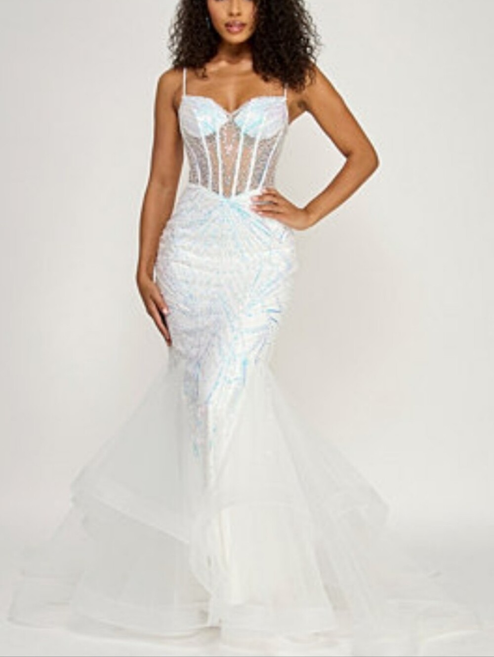 Say Yes to the Dress White Sequin corset Illusion Mermaid Gown size 7/8 NWTS